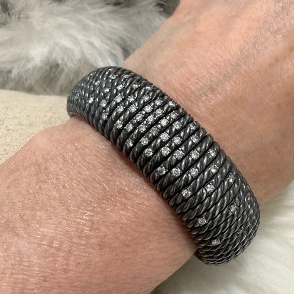 David Yurman Tempo Diamond Darkened 925 Sterling Silver Wide Cable Bracelet Sz M